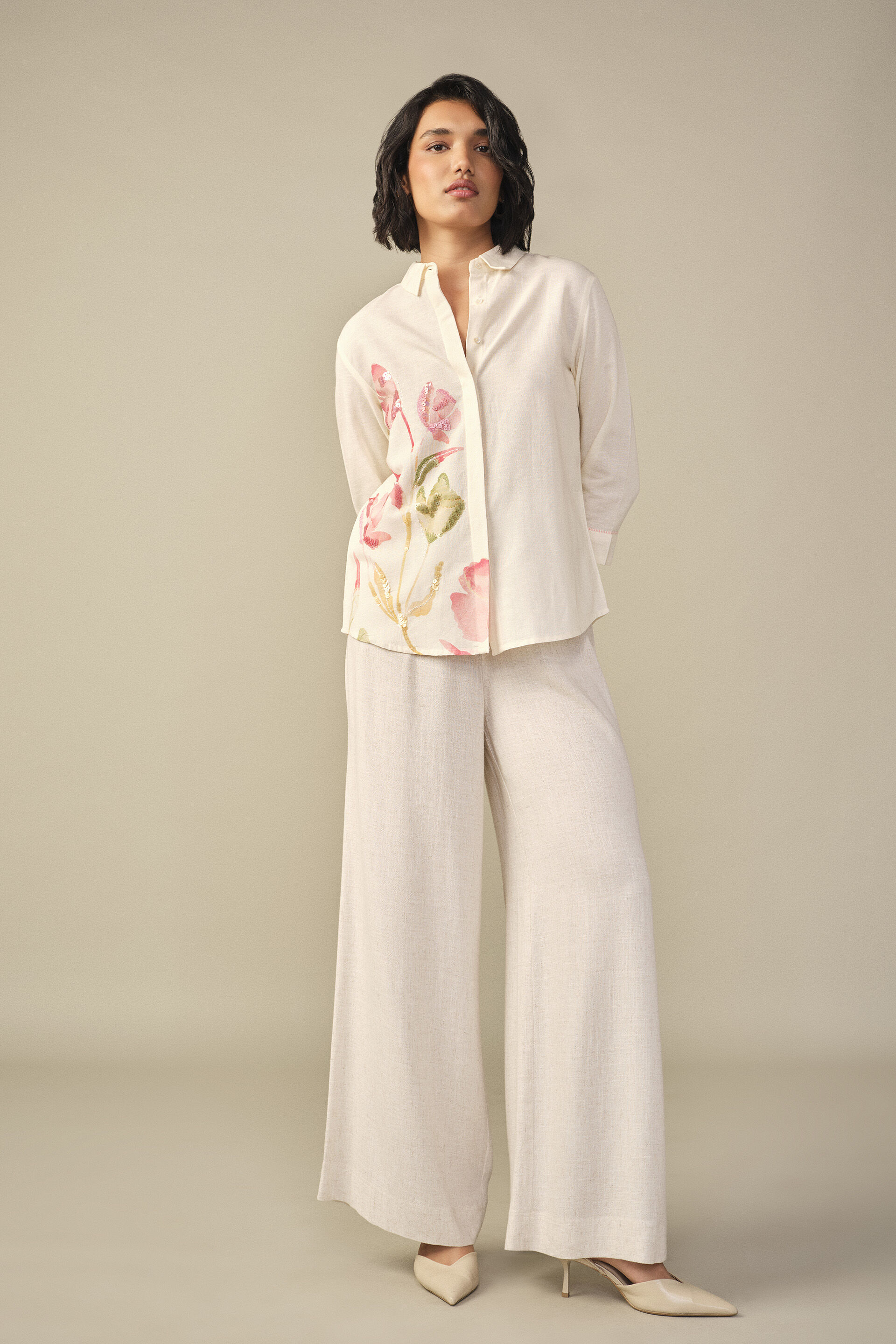 Floral Embroidered Shirt in Cream, White, image 2